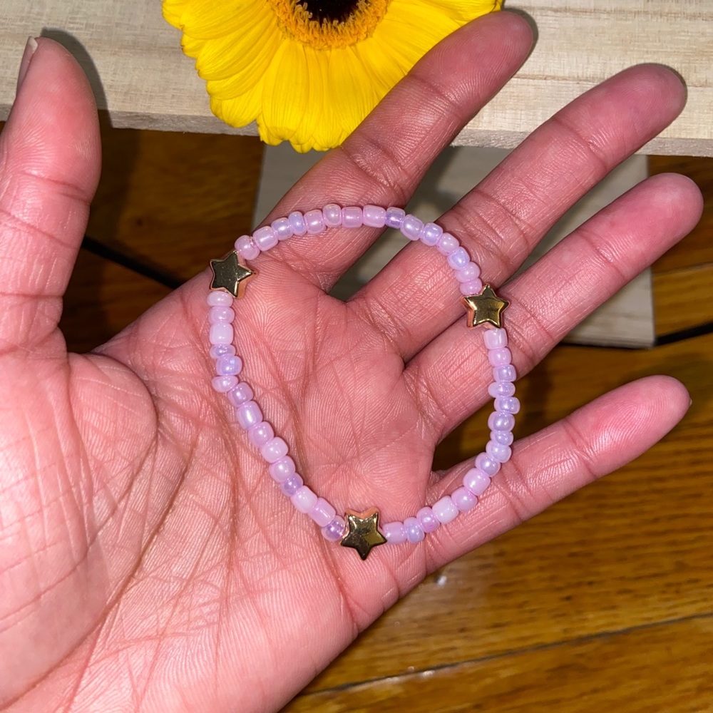 Handmade Lavender & Gold Star Charm Bead Bracelet